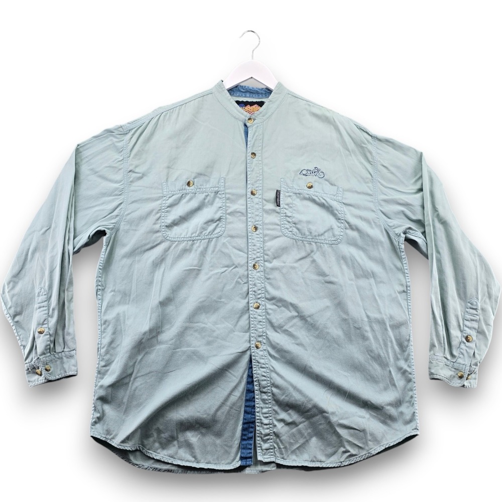 Easyriders Mens XXL Light Blue Cotton Twill Band Collar Biker Shirt Long Sleeve